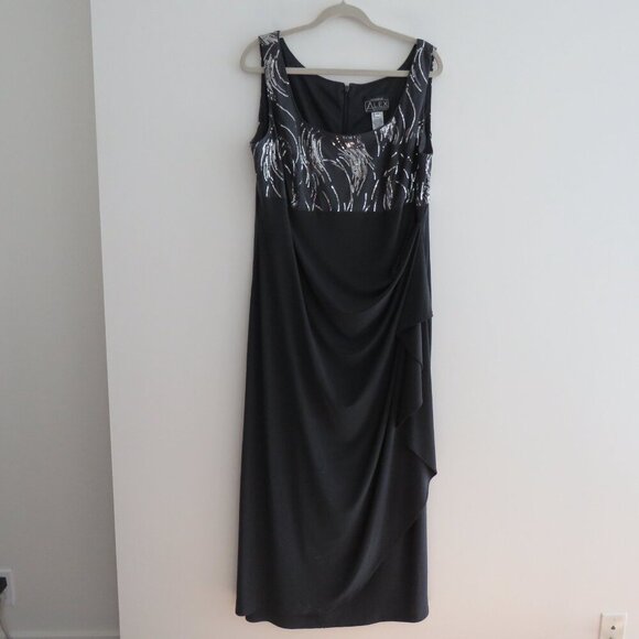 ALEX EVENINGS Gray Silver Sequin Ruched Maxi Evening Dress Gown - Size US 16W - Picture 2 of 15